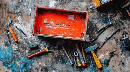 Aufkleber - Scattered tools and rusty red toolbox on a dirty floor