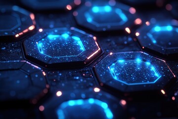 Poster - Futuristic glowing hexagonal panels with vibrant blue neon lights