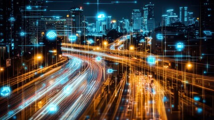 Poster - Smart City Highway Network At Night Showing Digital Connections