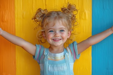 Smiling girl with curly hair poses joyfully in front of a colorful painted wall