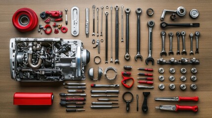 Poster - Engine Disassembled With Various Tools Arranged Neatly