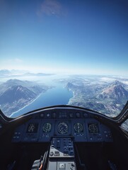 Leinwandbilder - Pilot viewpoint of stunning mountain landscape and ocean from an aircraft cockpit high above the earth. Generative AI