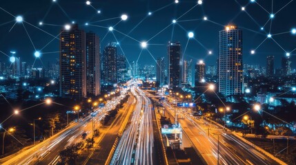 Poster - Night Cityscape Illuminated Highway Network Connectivity