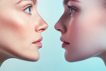 Poster - Two contrasting faces showcase the passage of time with one exhibiting signs of aging and the other displaying youthful smoothness. Generative AI