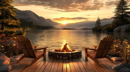 Poster - Adirondack Chairs Lakeside Campfire Sunset View