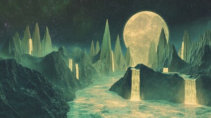 Poster - Alien Landscape With Waterfalls Underneath A Large Moon