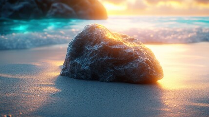 Poster - Sunrise rock on beach, tranquil ocean waves