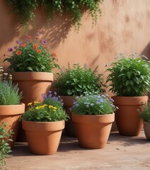 Wall Mural - Earthy terracotta pots with lush greenery and wildflowers ,  natural ,  flowers