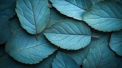 Wall Mural - Teal leaves close-up, textured background, nature backdrop