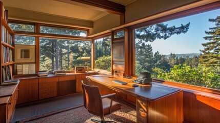 Poster - Wooden Office With Panoramic Forest View