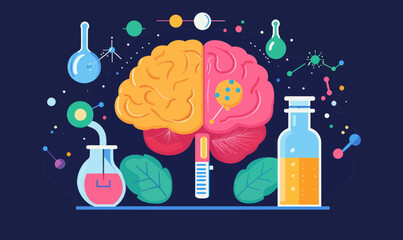 Poster - Vibrant Brain Chemistry Illustration in Minimalist Flat Vector Style