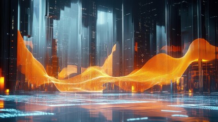 Poster - Abstract Cityscape with Orange Data Wave Visualization