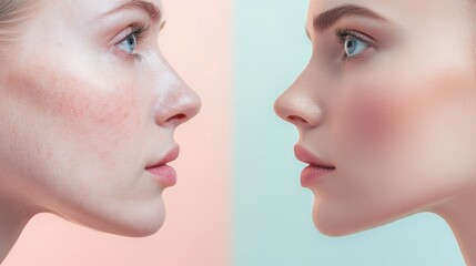 Poster - Contrasting faces illustrate the effects of aging with one youthful and smooth skin beside one showing visible signs of age. Generative AI