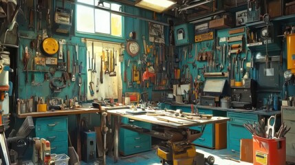 Aufkleber - A cluttered workshop filled with tools and equipment