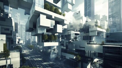 Poster - Futuristic Cityscape With Interlocking Buildings And Greenery