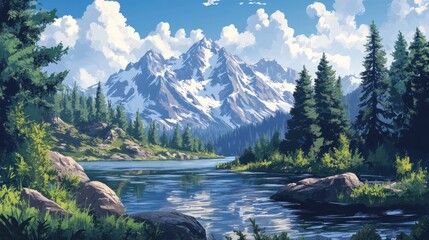 Poster - Serene Mountain Lake Landscape With Lush Green Coniferous Trees