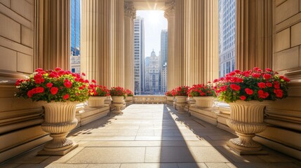 Aufkleber - Sunlit Colonnade With Red Flowers and City View