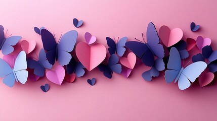 Sticker - Paper butterflies and hearts, happy Valentine's Day. 3D romantic card featuring love, butterfly, and heart themes.