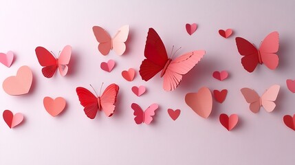 Sticker - Paper butterflies and hearts in a 3D romantic card style for Valentine's Day.