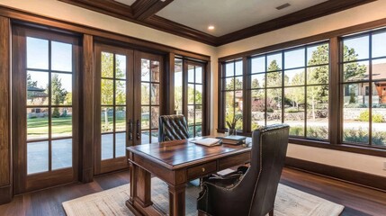 Poster - Luxurious Home Office With Large Windows and Wooden Desk