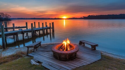 Poster - Lakeside bonfire at sunset with wooden dock and benches