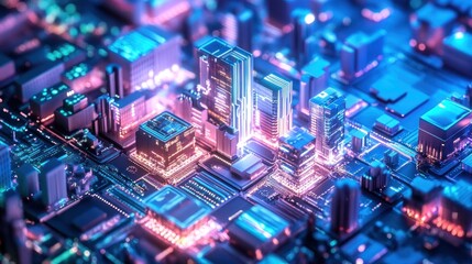 Poster - Futuristic Cityscape Integrated Within Circuitry Design