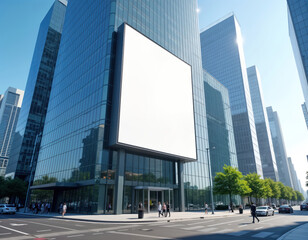 Aufkleber - Modern glass building with large blank billboard on facade. Cityscapes. People walk on sidewalk. Daytime. Urban environment. Public space. Clear sky. Commercial building. Advertisement space. Urban