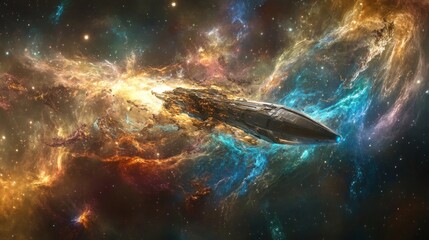 Poster - Spaceship Navigating a Colorful Cosmic Nebula
