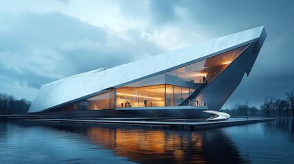Poster - Modern Architectural Design Lakeside Building At Dusk