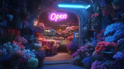 Poster - Nighttime Flower Shop Open Late Vibrant Blooms Neon Sign