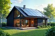 © miss irine - Modern eco-friendly house with solar panels on roof. Spacious veranda with wooden furniture. Green lawn surrounds house. Sustainable building design. Future of energy. Green tech. Renewable energy.