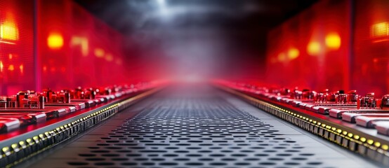 Poster - Futuristic Server Room Red Glowing Lights and Metallic Grid Floor