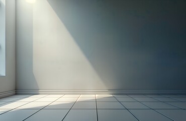 Aufkleber - Empty room with grey walls and tile floor. Sunlight casts shadows on the floor. Minimalist style interior design. Clean space. Ideal for interior design concept or architectural visualization.