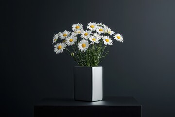 Poster - Daisies in a Modern Silver Vase on a Dark Surface