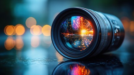 Canvas Print - Cityscape reflected in lens, night, bokeh, photography