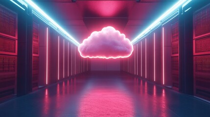 Poster - Futuristic cloud data center with neon lights - A cloud floating in the center of a data center illuminated by neon lights, symbolizing cloud computing and data storage