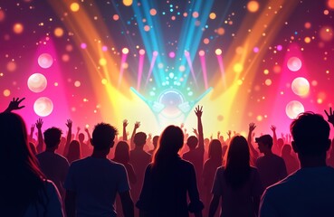 Aufkleber - Silhouette crowd dances at vibrant neon light music event. People cheer, raise arms at night music show. Energetic party atmosphere. Nightlife music festival. Live performance. Crowd of young people.