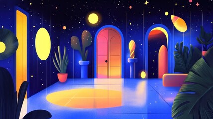 Poster - Surreal Nightscape Interior Design Featuring Vibrant Colors and Plants