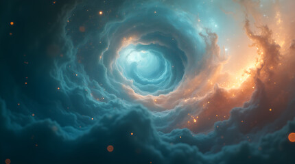 Wall Mural - Cosmic Nebula Vortex: Stunning Teal and Orange Space Art, Digital Painting, Galaxy Swirl, Celestial Cloudscape