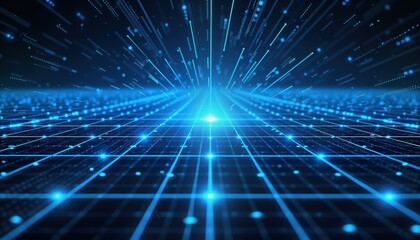Leinwandbilder - Futuristic abstract design with symmetrical blue radial lighting effect. Grid perspective background creates motion, glow. Digital pattern resembles tech space theme. Glowing lines, points arranged