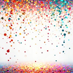 Poster - Colorful confetti falls over sparkling surface. Festive glitter particles create vibrant winter holiday scene. Abstract design suitable for holiday cards backgrounds websites. Patterned texture
