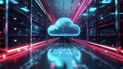 Poster - A futuristic data center with a glowing cloud symbol, representing cloud computing and digital storage technologies.