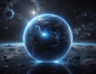 glowing blue planet surrounded by shimmering silver stardust, stars, abstract