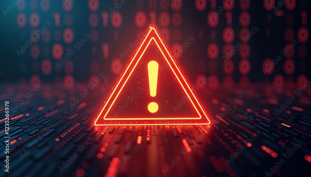Glowing binary code background shows red alert sign. Digital tech alert(02)