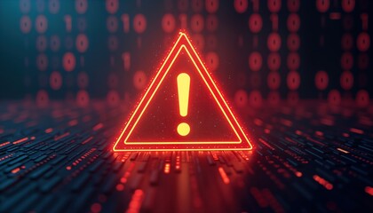 Poster - Glowing binary code background shows red alert sign. Digital tech alert icon represents cybersecurity threat data breach. Urgent security warning. Tech warning symbol on glowing binary code. Critical