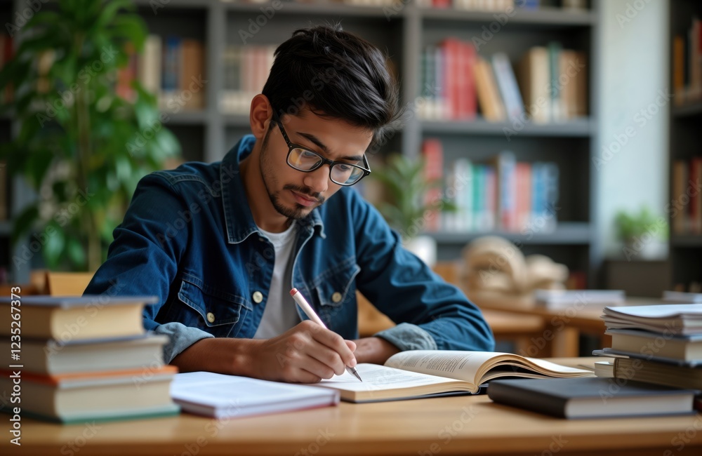 Indian student sits at desk in library environment diligently studying ...