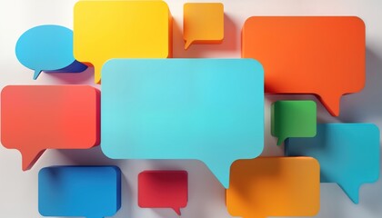 Colorful speech bubbles float in air suggesting communication, interaction. Represent messages, comments, ideas in vibrant, modern design. Abstract illustration evokes brainstorming, collaboration,