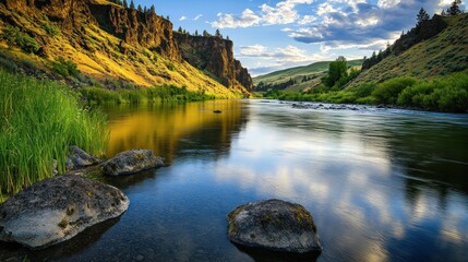 Canvas Print - Calm River Reflecting Sky Between Steep Canyon Walls