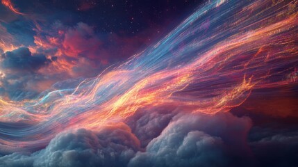 Poster - Vibrant cloud with light trails, depicting the rapid and efficient flow of data, Cloud networks, Artistic portrayal of how CDNs optimize global data delivery and storage