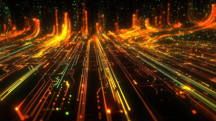 Poster - Abstract Digital Circuitry Glowing Orange Lines